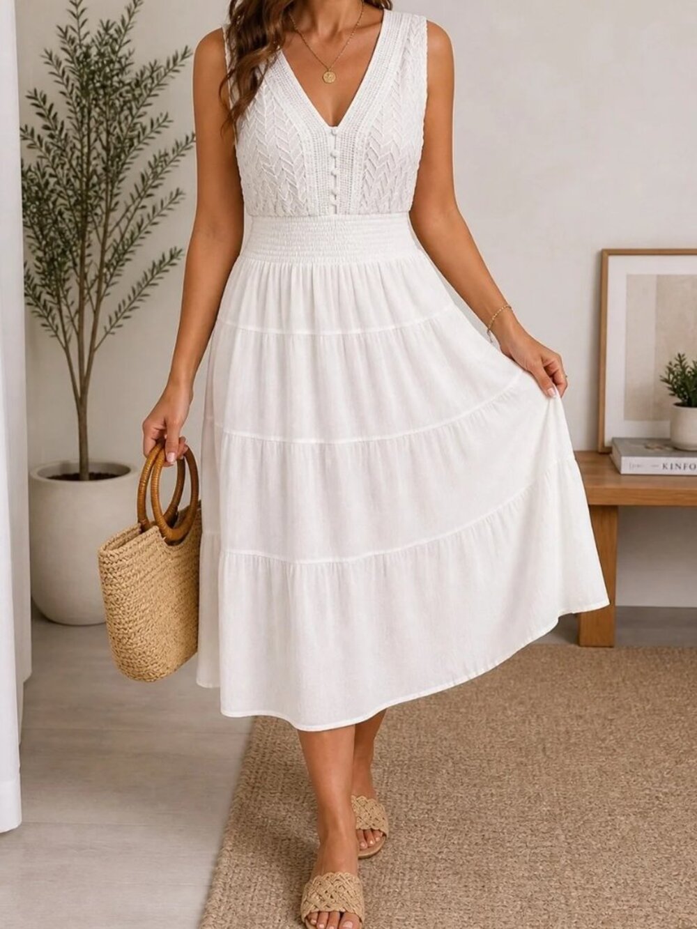 Kings Road Women's White Summer Smocked Fit & Flare Plus Size Dress 2X